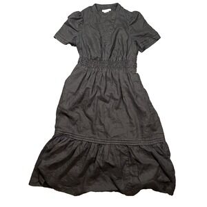 Boden Smocked Dress Size 10 Linen Black Tiered Boho Cottagecore Maxi Peasant